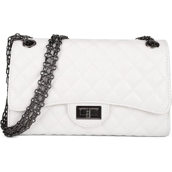 Women White PU Quilted Stylish Crossbody Bag with Chain Strap & Flap Closure - Picture 1 of 6